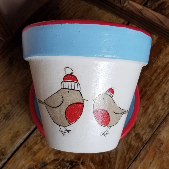 Hand Painted Decoupaged Red, White & Light Blue 6" Flower Pot, Matching Saucer - Picture 3 of 7